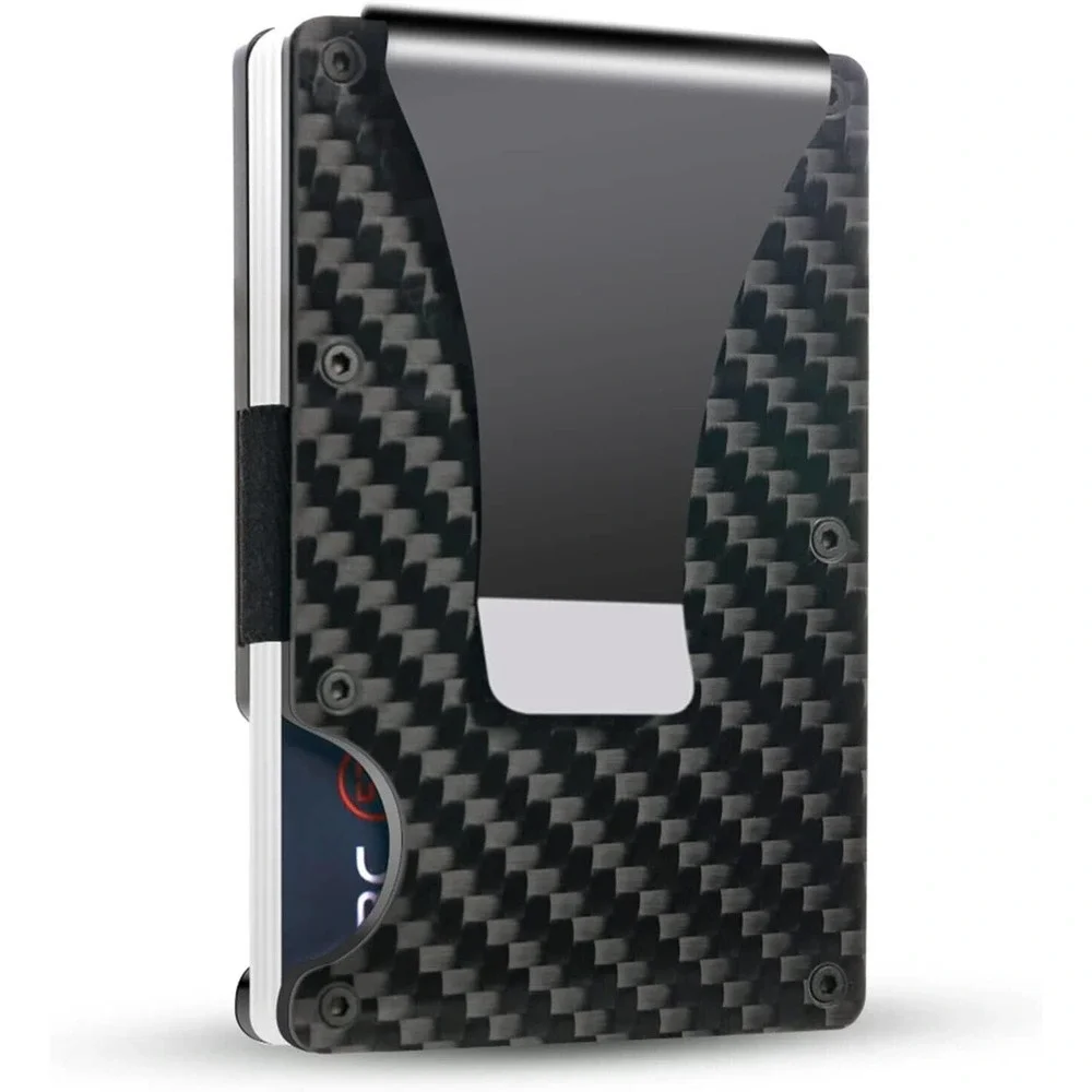 RFID Blocking Slim Money Clip Mens Carbon Fiber Credit Card Holder Metal Wallet